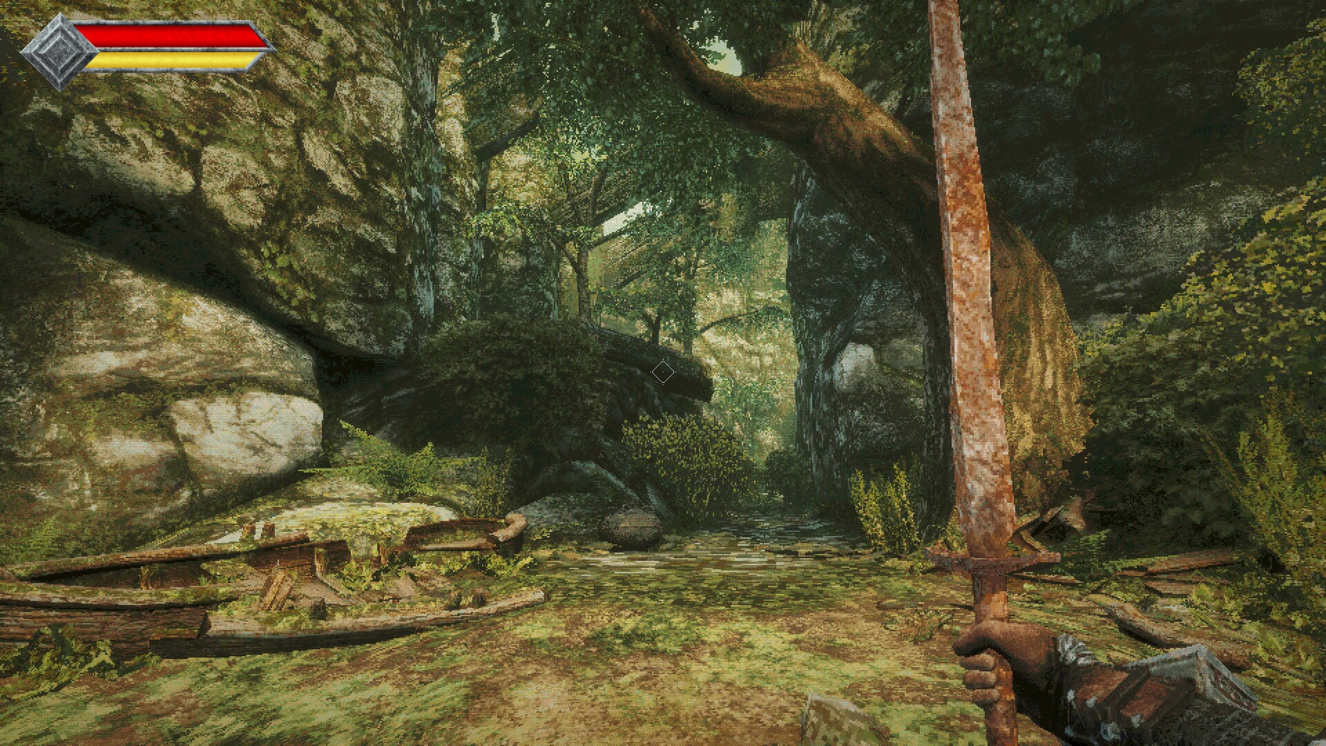 Fallen trunks and moss boulders forming a hidden path through the island forest