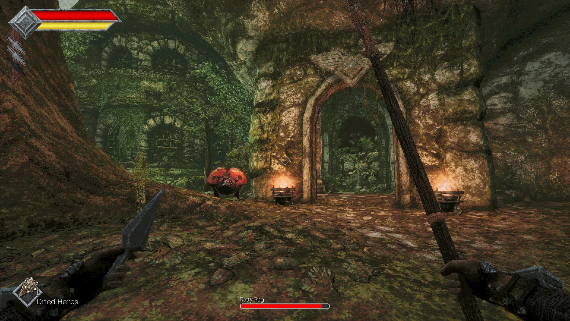 Two ember-lit creatures waiting beneath a stone archway