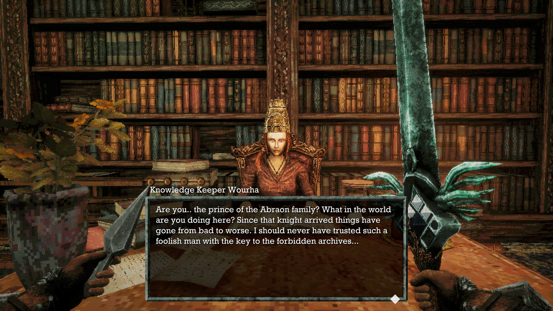 The Knowledge Keeper seated among shelves of old books, offering a green-hilted blade