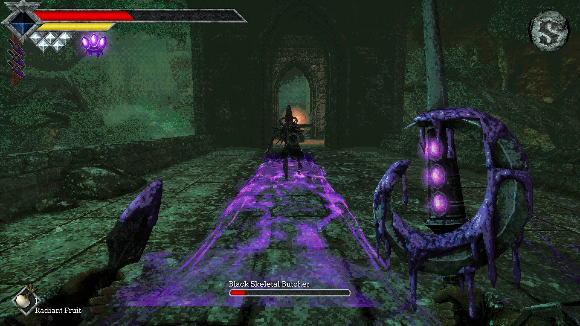Black tendrils crawl across the floor toward a robed priest in a sunken hall